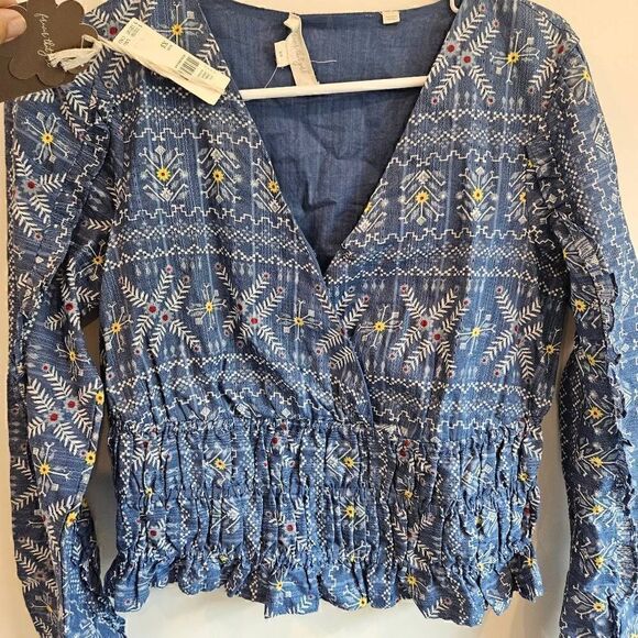 Anthropologie ForeverThat Girl Embroidered Blue Floral Smocked Waist Blouse Boho - Picture 7 of 9
